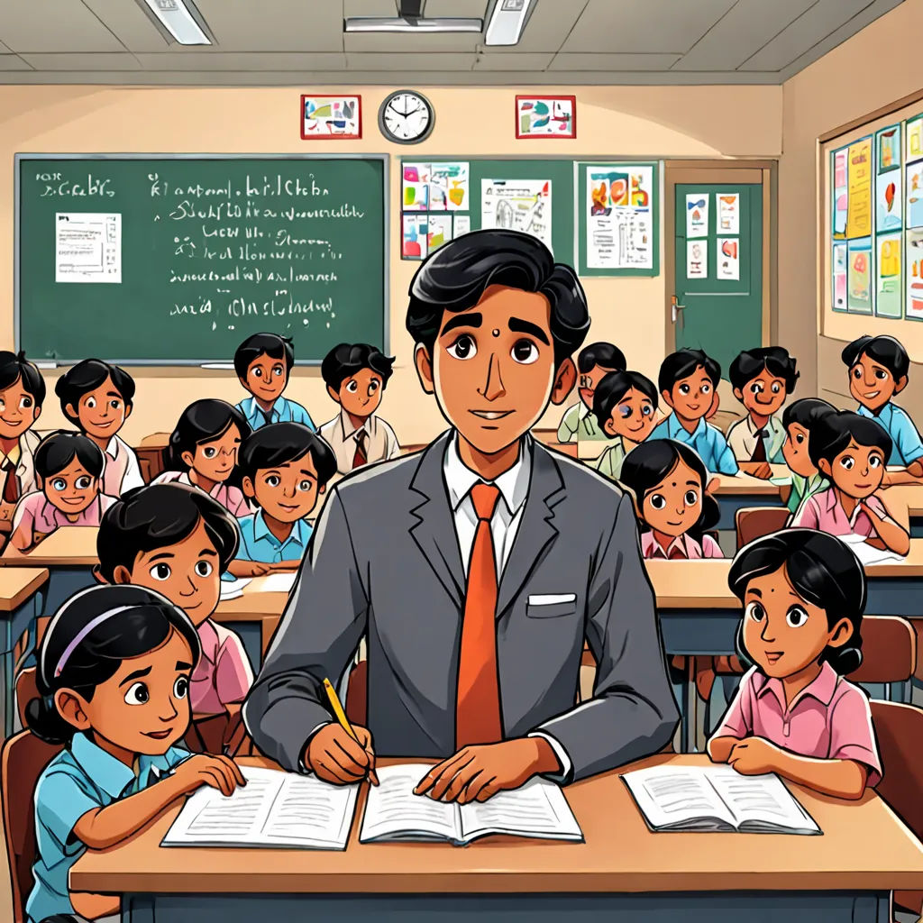 a man in a suit and tie sitting at a desk in front of a group of children in a classroom, samikshavad, a storybook illustration, Bhupen Khakhar, promotional image