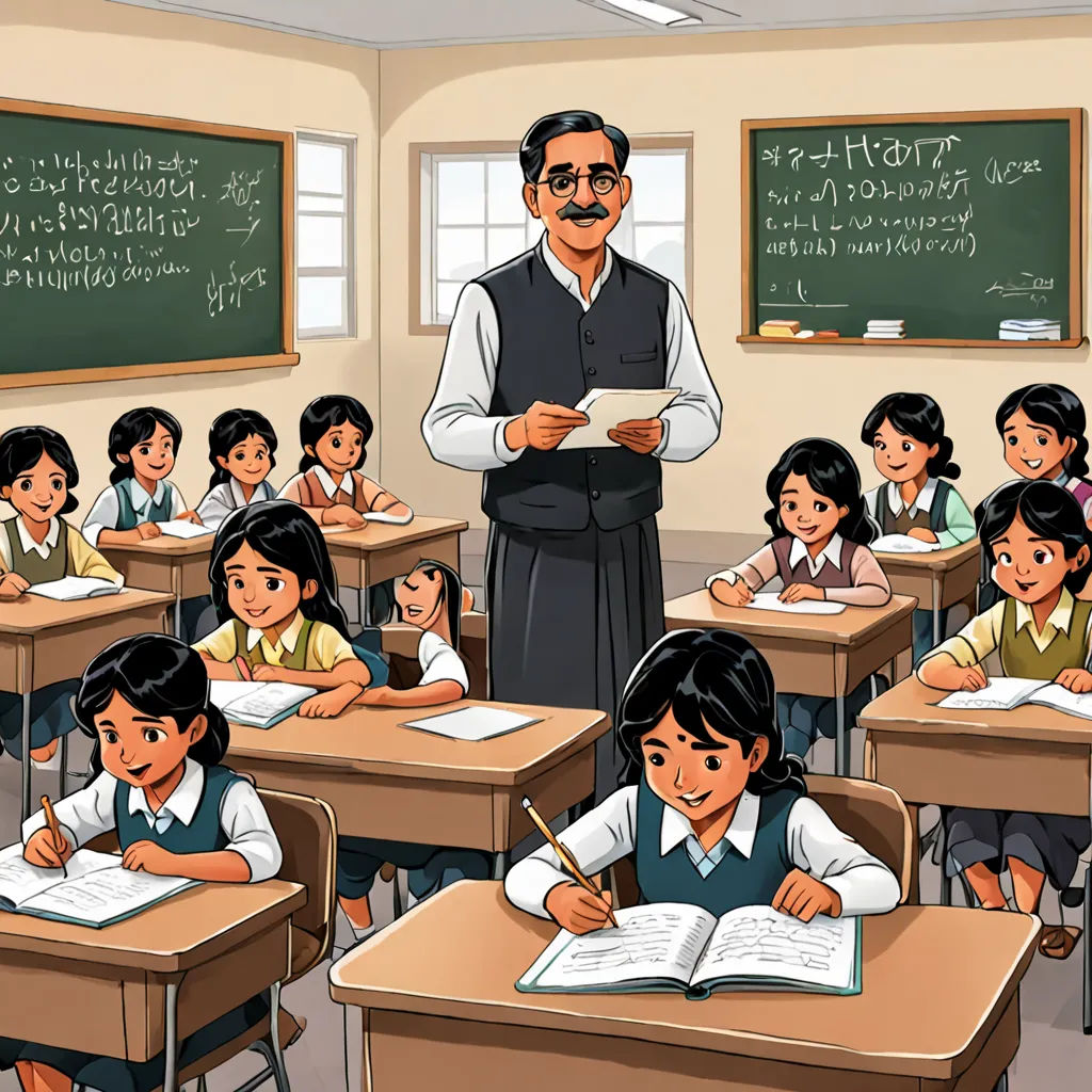 a teacher is teaching in a classroom full of students with a blackboard in the background and a chalkboard in the foreground, bengal school of art, a storybook illustration, Bapu, official art