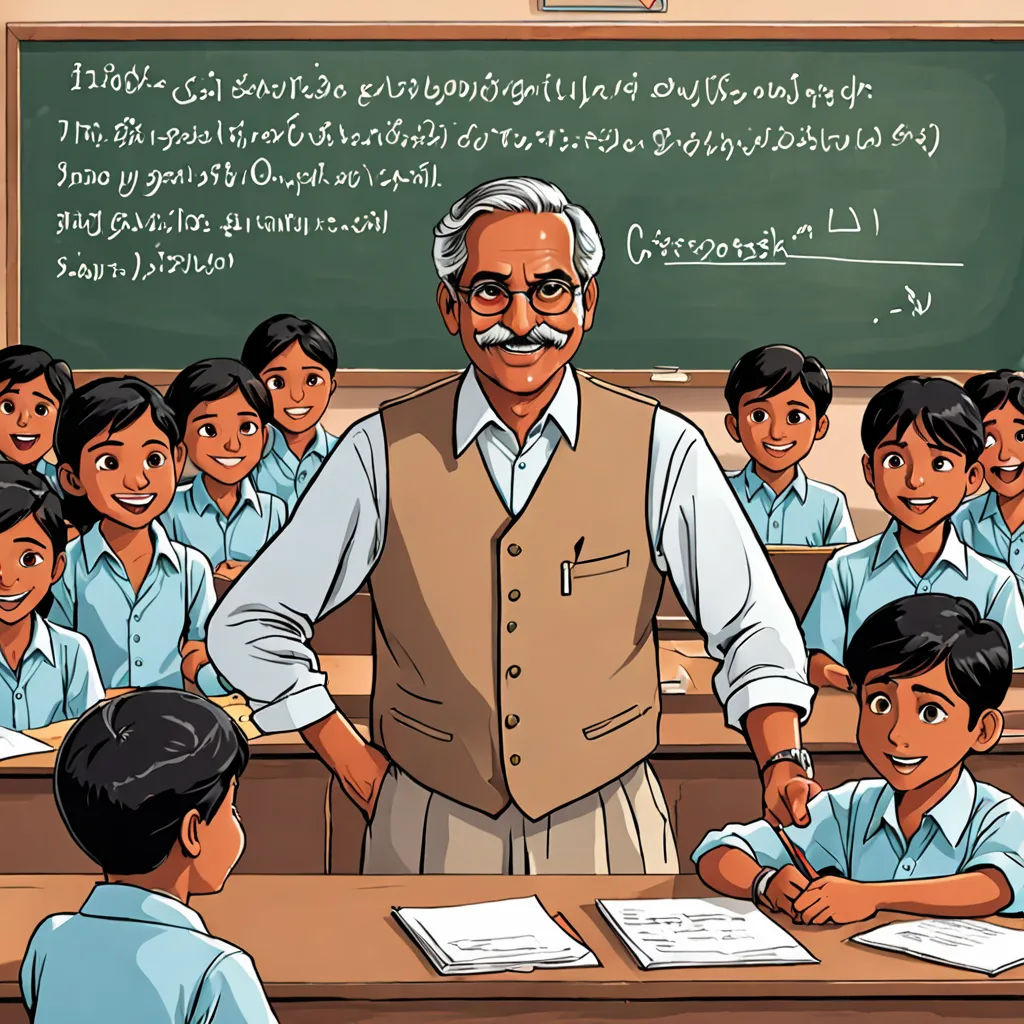 a man standing in front of a classroom full of students in front of a chalkboard with a teacher, samikshavad, a storybook illustration, Bapu, detailed illustration