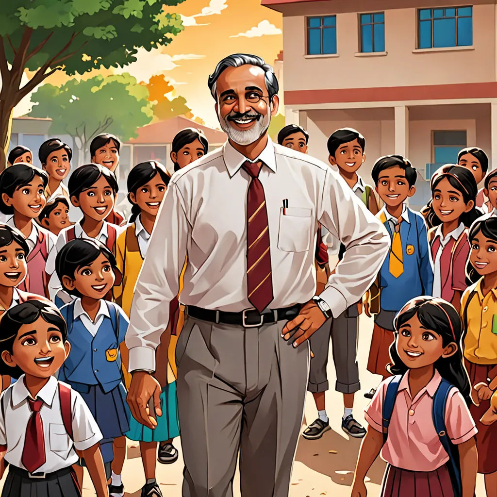 a man standing in front of a group of children in front of a building with a tree on the side, samikshavad, a storybook illustration, Bholekar Srihari, official art