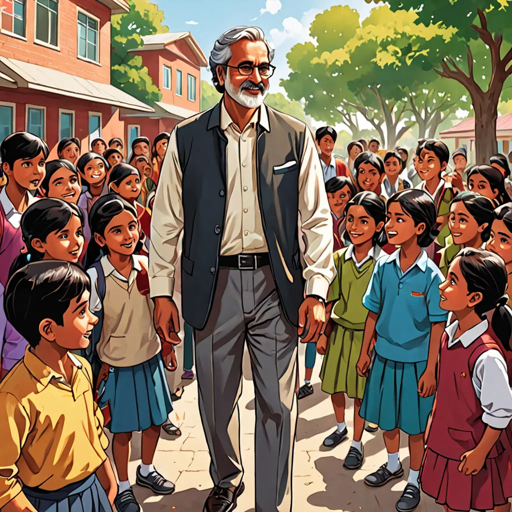 a man walking through a crowd of children in front of a building with a man in a suit and tie, samikshavad, a storybook illustration, Bikash Bhattacharjee, official art