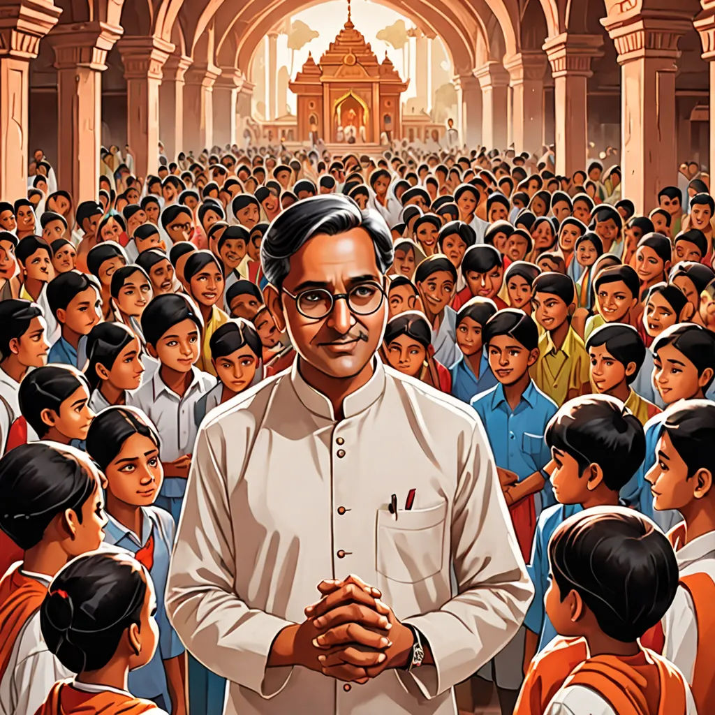 a man standing in front of a crowd of people in a building with a clock on the wall and a painting of him, samikshavad, an ultrafine detailed painting, Bhupen Khakhar, official art