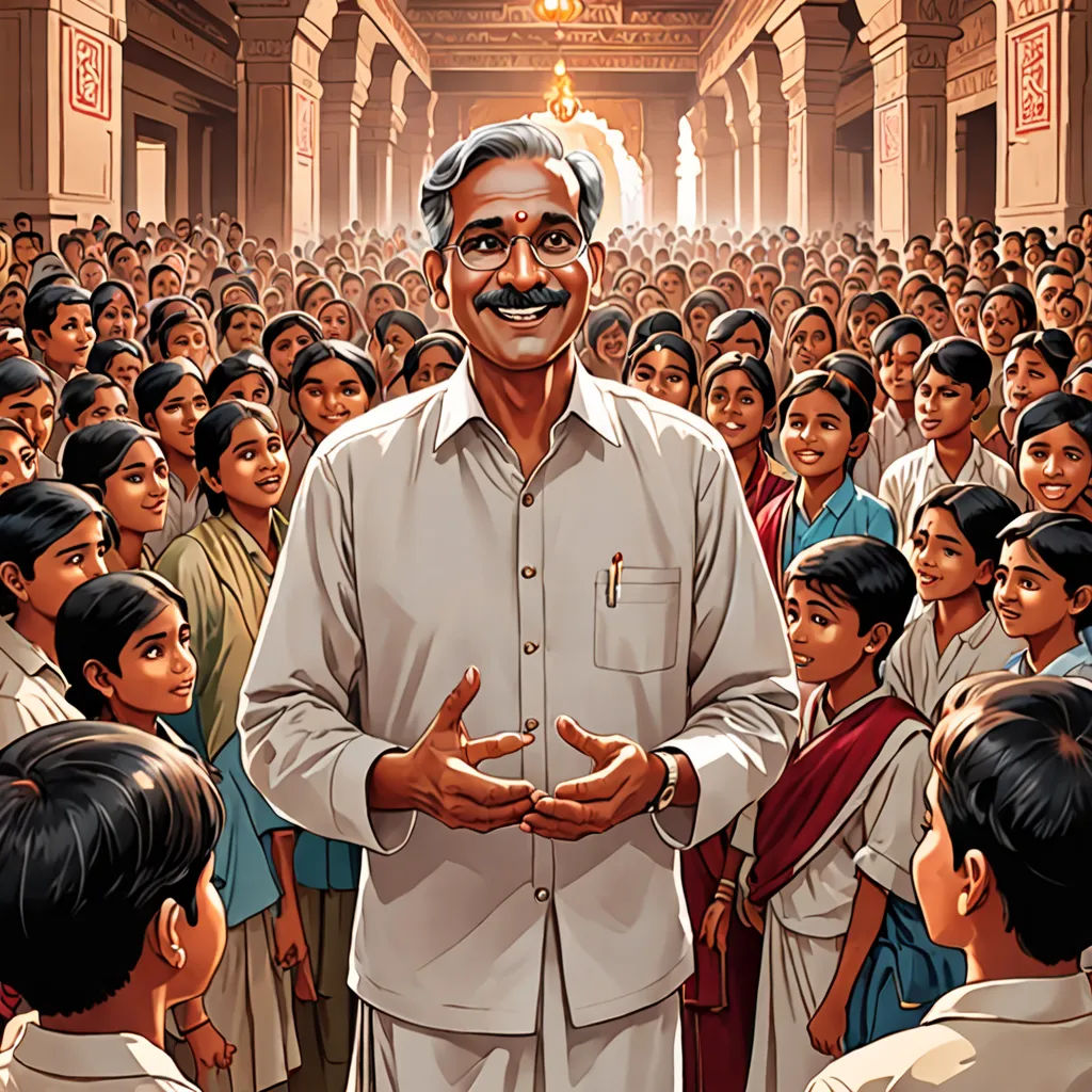 a man standing in front of a crowd of people with a mustache on his face and a crowd of people behind him, samikshavad, a storybook illustration, Bholekar Srihari, jayison devadas