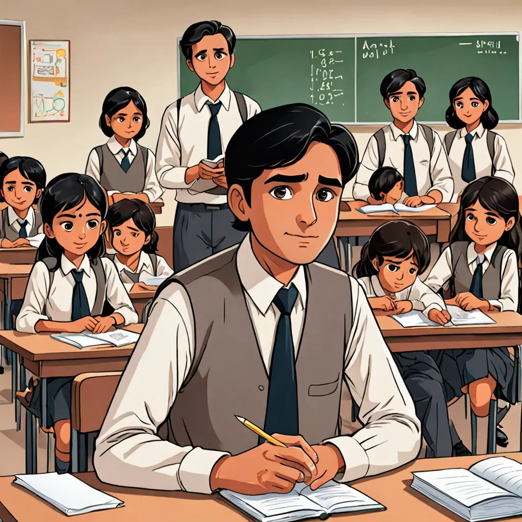 a man sitting at a desk in front of a group of students in a classroom with a chalkboard, bengal school of art, a comic book panel, Altoon Sultan, graphic novel