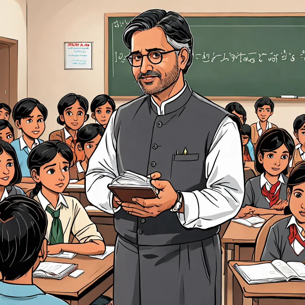 a man standing in front of a classroom full of students holding a book in his hands and looking at the camera, danube school, a storybook illustration, Bholekar Srihari, graphic novel