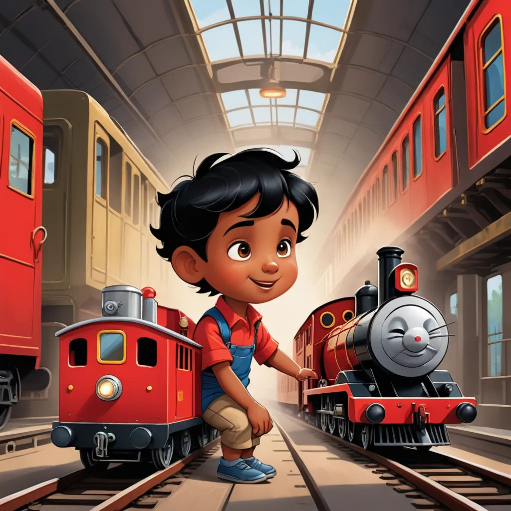 a boy is standing next to a train in a train station with a train on the tracks and a train on the tracks, sots art, a storybook illustration, Anthony Devas, promotional image