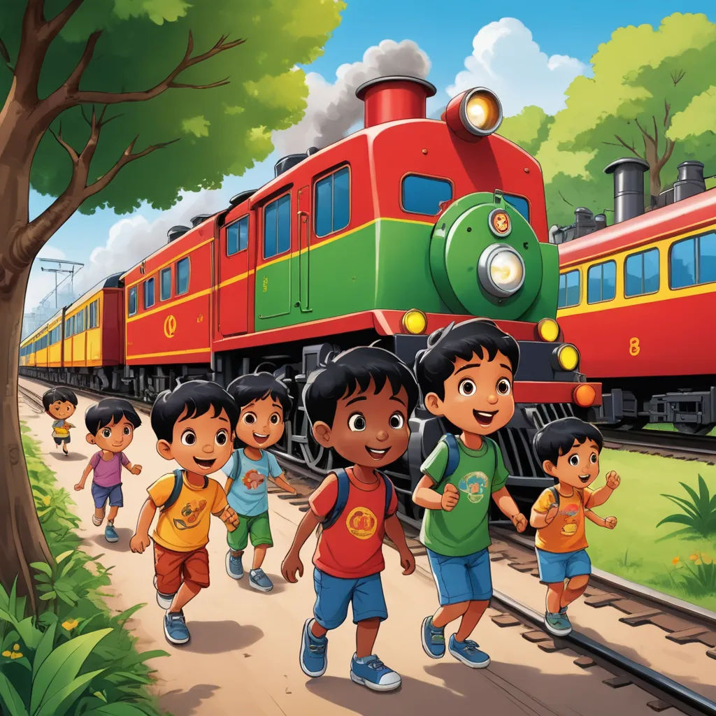 a group of children walking along a train track near a train station with a train on the tracks and a train on the tracks, samikshavad, a storybook illustration, Anthony Devas, promotional image