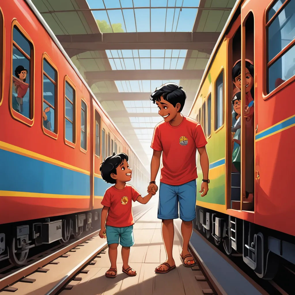 a man and a little girl are standing in a train station and shaking hands with a train conductor in the background, samikshavad, a storybook illustration, Ella Guru, promotional image