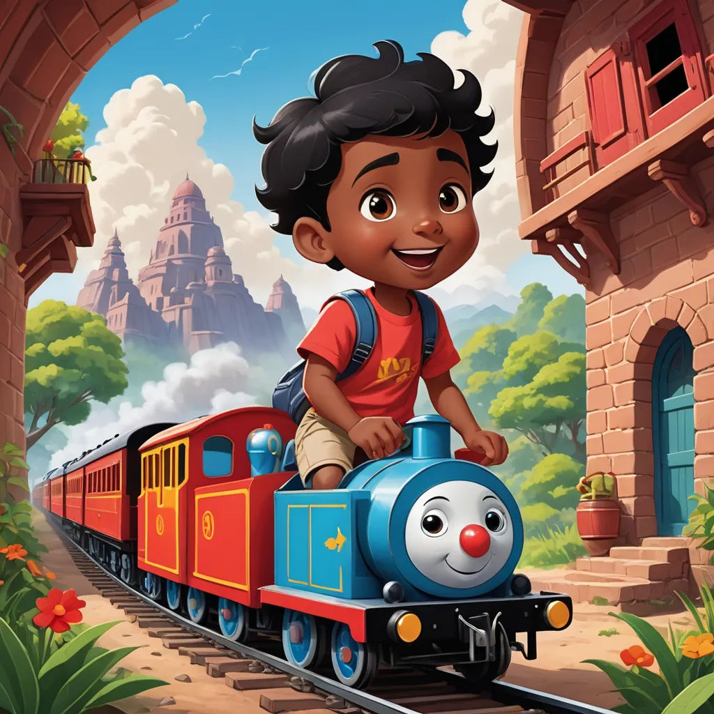 a boy riding a train in a cartoon style with a castle in the background and a train on the track, sots art, a storybook illustration, Anthony Devas, promotional image
