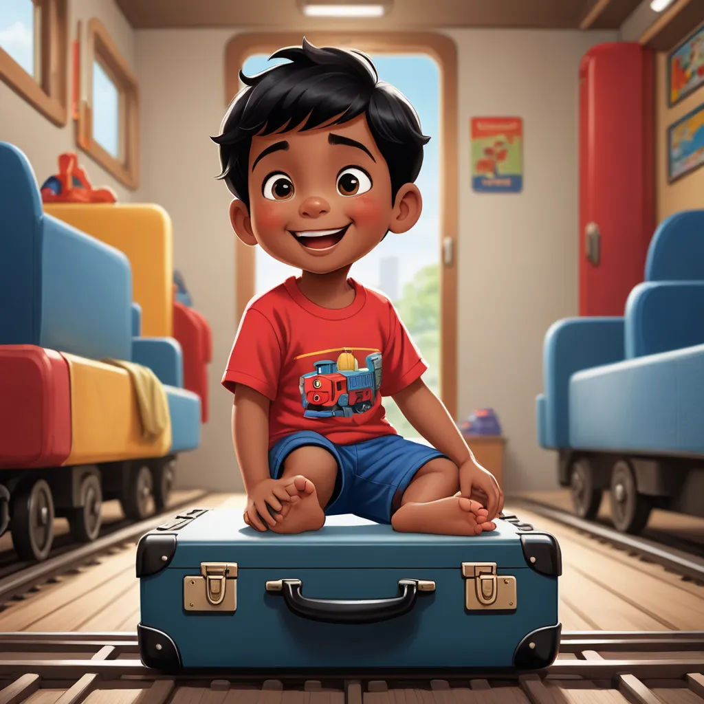 a cartoon boy sitting on a suitcase in a train station with luggage behind him and a train on the track, sots art, a character portrait, Chris LaBrooy, promotional image