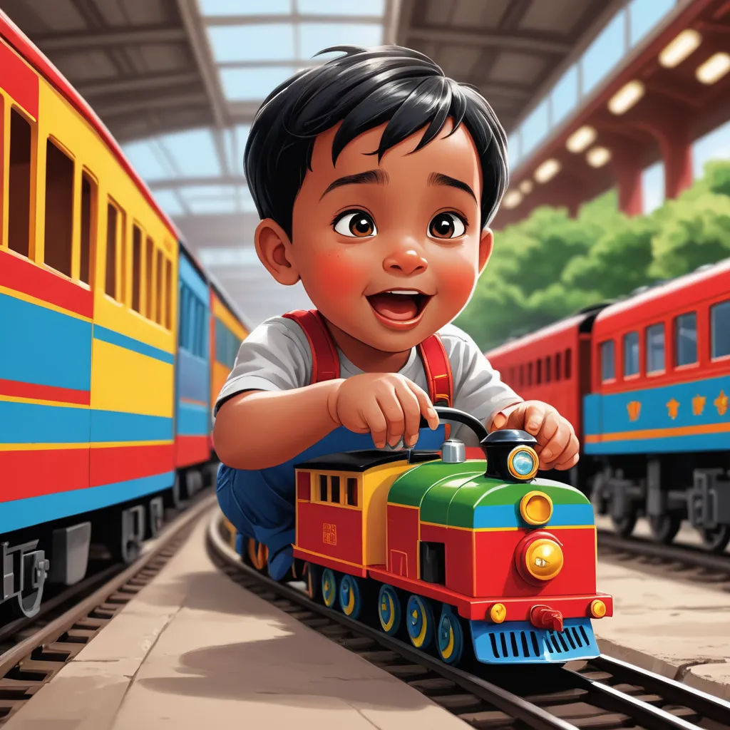 a cartoon boy riding a toy train in a station with other trains in the background and a train station with a train on the track, sots art, a storybook illustration, Anthony Devas, promotional image