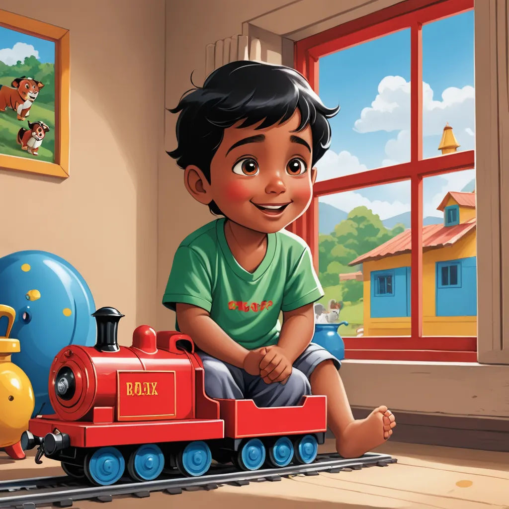 a boy sitting on a toy train in a room with a window and a dog on the floor next to it, samikshavad, a storybook illustration, Anthony Devas, storybook illustration
