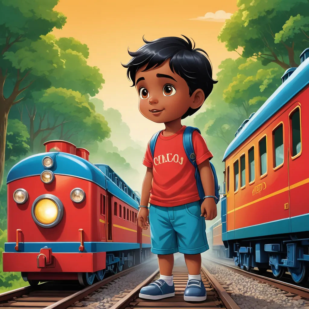a boy standing on a train track next to a train and trees in the background with a red train, samikshavad, a storybook illustration, Anthony Devas, promotional image