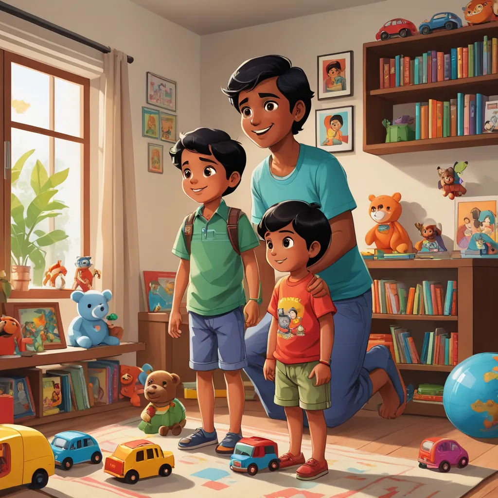 a man and two children standing in a room with toys and books on the shelves and a teddy bear, samikshavad, a storybook illustration, Chris LaBrooy, storybook illustration