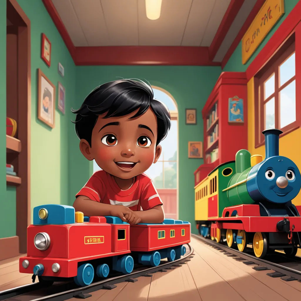 a cartoon boy is playing with a train in a room with a train on the floor and a train on the track, sots art, a storybook illustration, Anthony Devas, promotional image