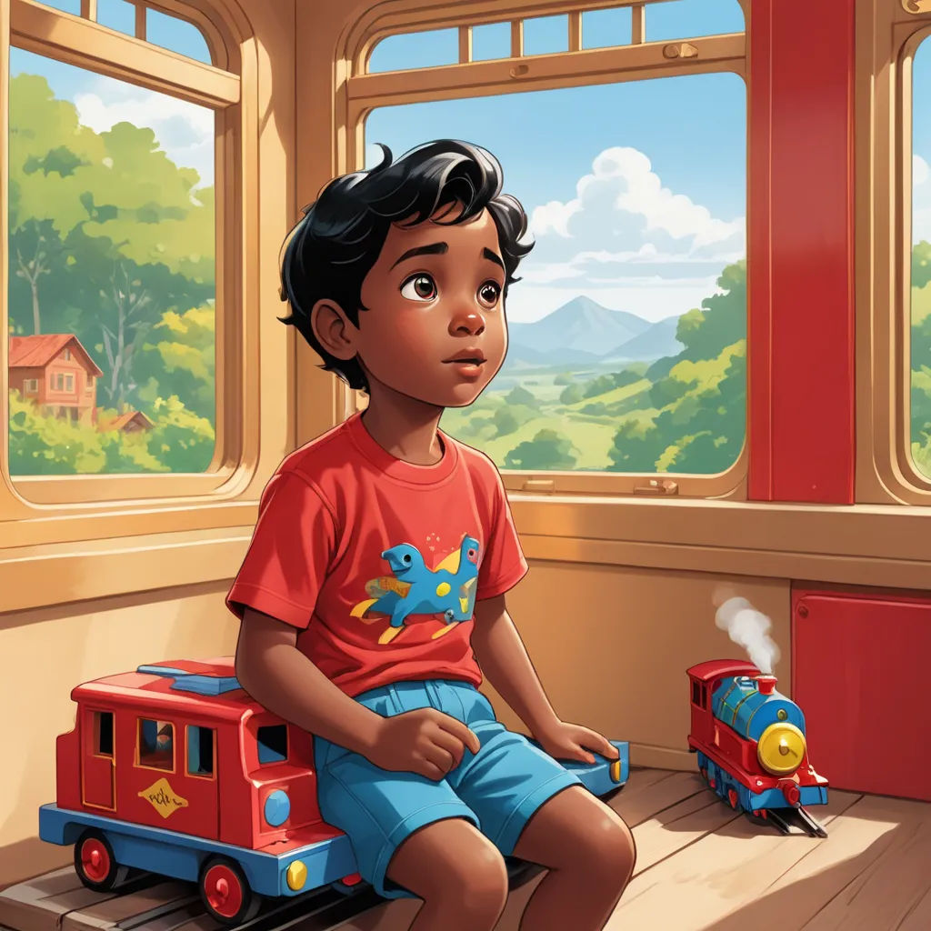 a boy sitting on a train with a toy train in front of him and a window behind him with a mountain view, sots art, a storybook illustration, Chris LaBrooy, storybook illustration