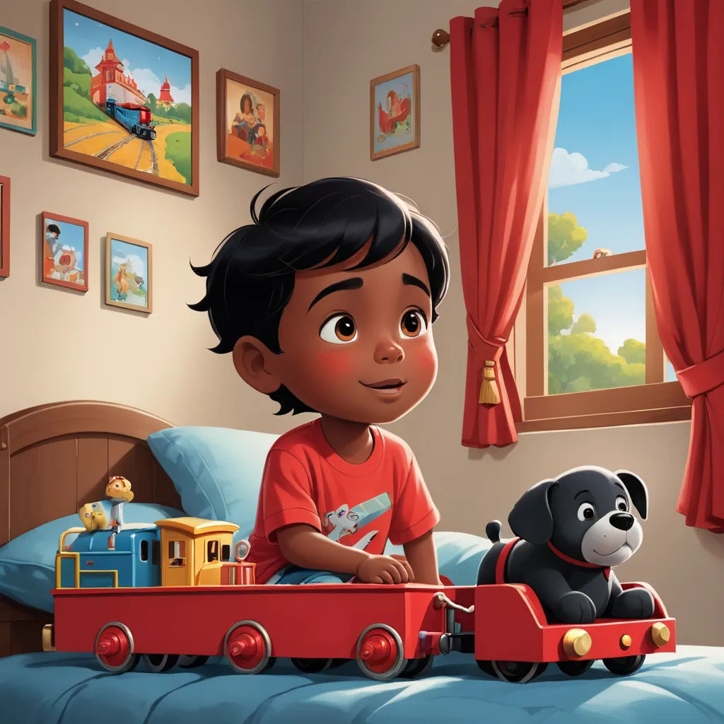 a boy is sitting on a bed with a toy train in front of him and a dog in the bed, american scene painting, a storybook illustration, Aaron Jasinski, promotional image