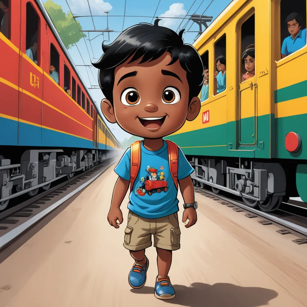 a cartoon boy is standing in front of a train with a backpack on his back and a train in the background, samikshavad, a storybook illustration, Anthony Devas, promotional image