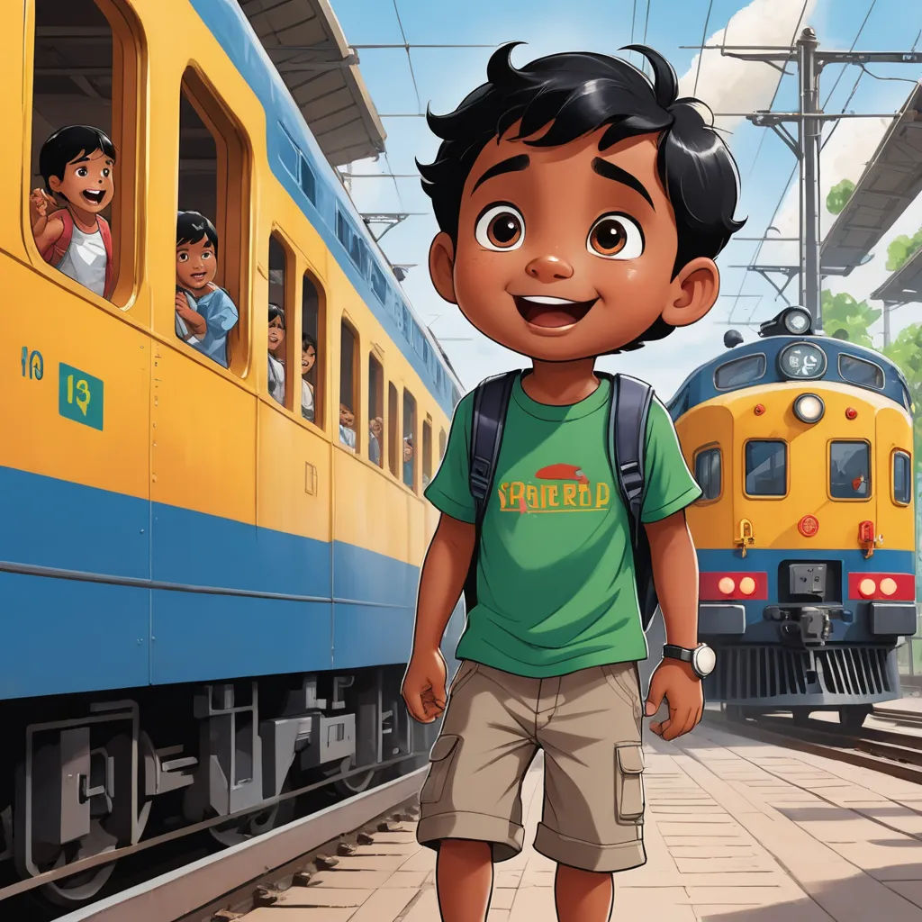 a boy standing in front of a train with a backpack on his shoulder and a train in the background, samikshavad, poster art, Eddie Mendoza, official art