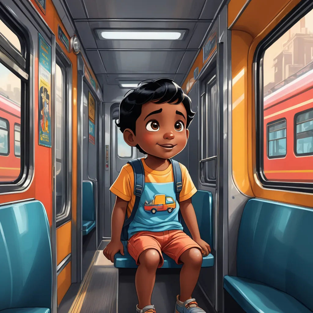 a boy sitting on a train looking out the window at the scenery outside the window is a cityscape, photorealism, a storybook illustration, Chris LaBrooy, storybook illustration