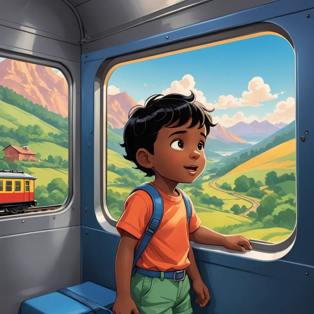 a boy looking out the window of a train car at a scenic landscape with mountains and a train on the tracks, samikshavad, a storybook illustration, Chris LaBrooy, promotional image