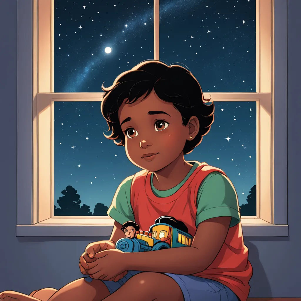 a boy sitting on a window sill looking out at the stars and the night sky with a toy train, space art, a storybook illustration, Aaron Jasinski, book cover