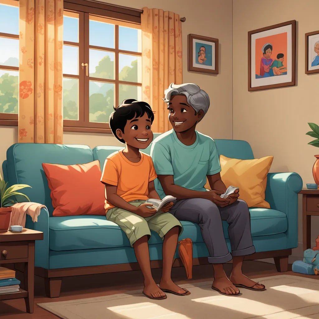 a man and a child sitting on a couch in a living room with a window behind them and a blue couch, american scene painting, a storybook illustration, Anthony Devas, storybook illustration