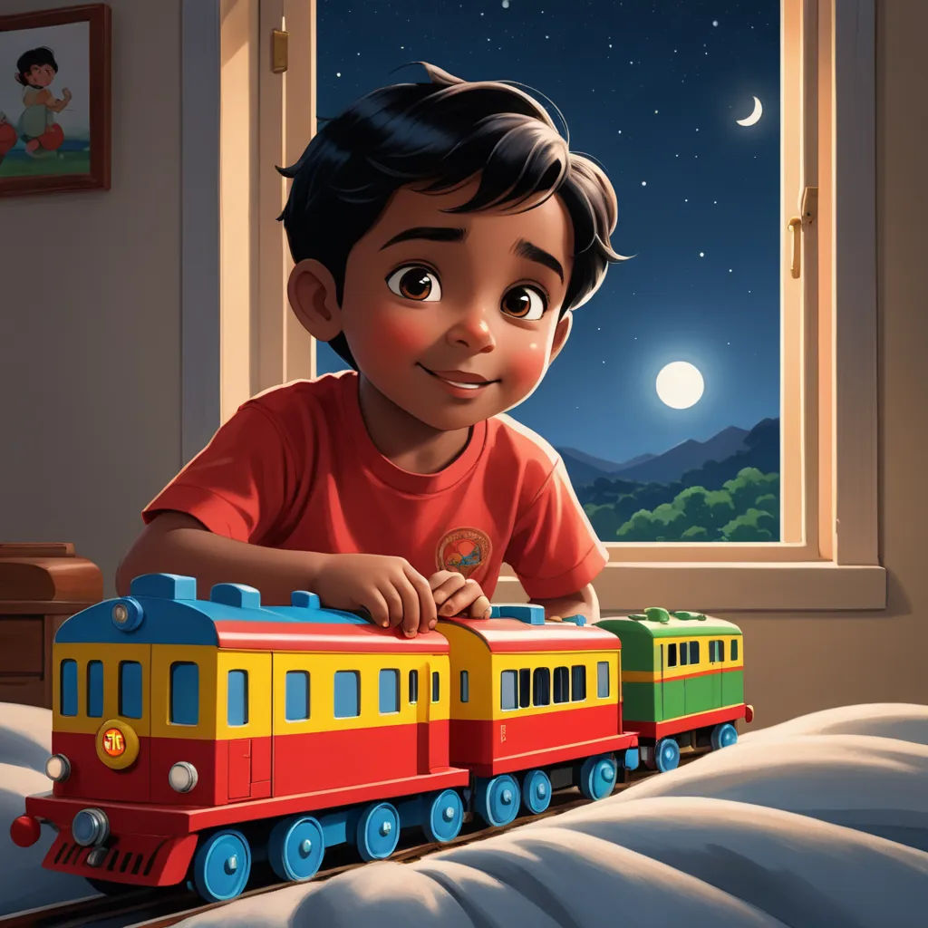 a boy is playing with a toy train in his bedroom at night time, with the moon shining in the window, sots art, a storybook illustration, Chris LaBrooy, promotional image