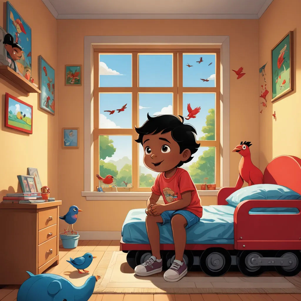 a boy sitting on a bed in a room with a bird on the wall and a window with birds, american scene painting, a storybook illustration, Chris LaBrooy, promotional image