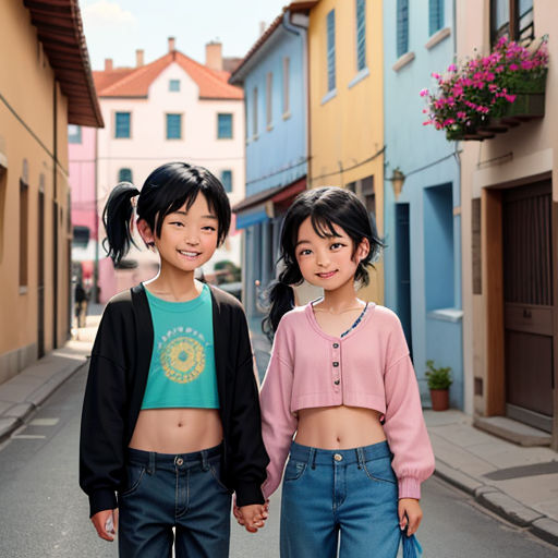two young girls walking down a street holding hands and smiling at the camera, with buildings in the background
