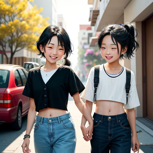 two asian girls walking down a street holding hands and smiling at the camera, with a red car behind them