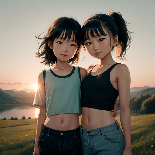 two asian girls standing next to each other in a field of grass and flowers at sunset with mountains in the background