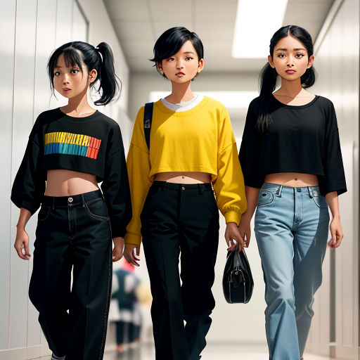 three women walking down a hallway together in crop tops and jeans with a handbag in their hand and a purse in their other hand