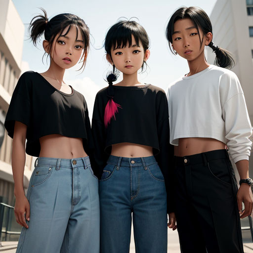 three young women standing next to each other in front of a building with a sky background and buildings behind them