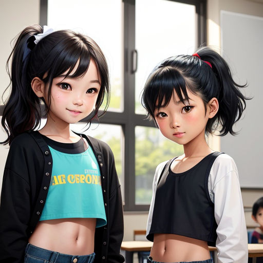two young girls standing next to each other in a classroom with a window behind them and a table with chairs