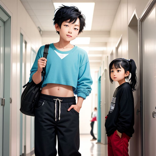 a young girl and a young boy standing in a hallway together, both wearing sweatpants and sweatshirts