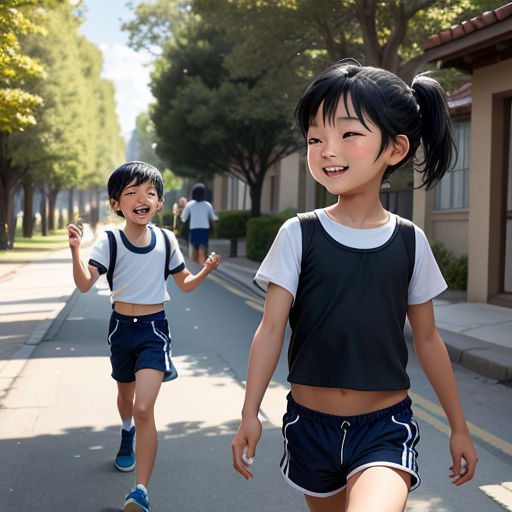 two young girls running down a street in a neighborhood with houses in the background and trees in the foreground