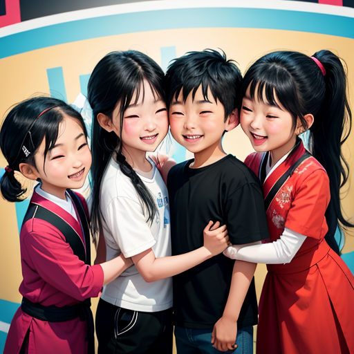 a group of children standing next to each other in front of a sign with a cartoon character on it