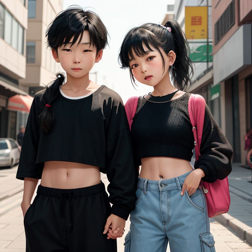 two asian girls standing next to each other on a sidewalk in a city with buildings in the background and a pink backpack