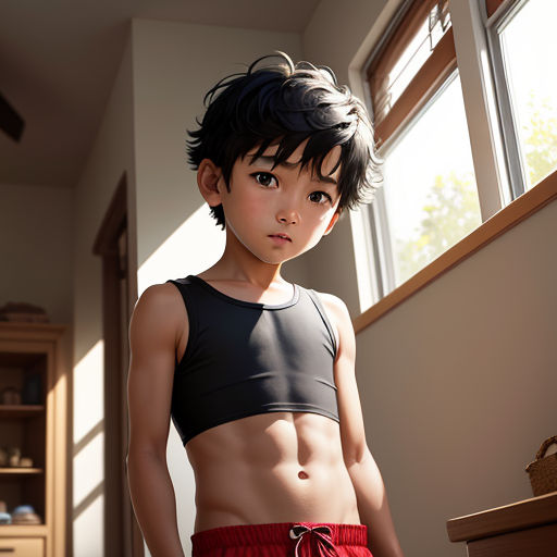 a boy with a crop top and red shorts standing in a room with a window and a dresser in the background