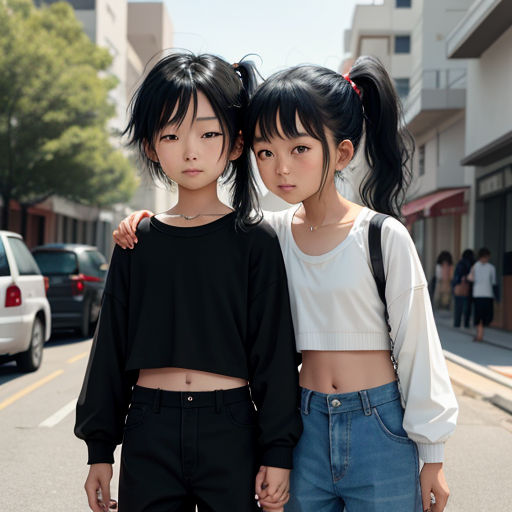 two young girls standing next to each other on a street corner with cars parked in the background and people walking on the sidewalk