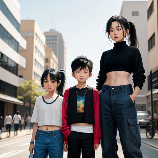 three young children standing on a city street with their arms around each other, wearing jeans and crop tops