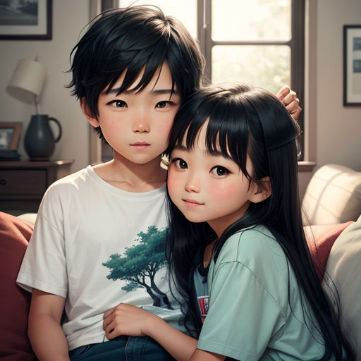 a couple of kids sitting on top of a couch next to each other on a couch together, with a window behind them