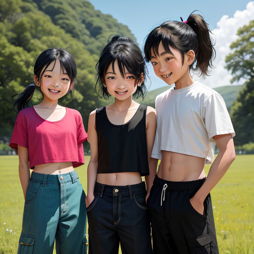 three young girls standing next to each other in a field of grass and trees, with one girl wearing a crop top and the other girl wearing a crop top