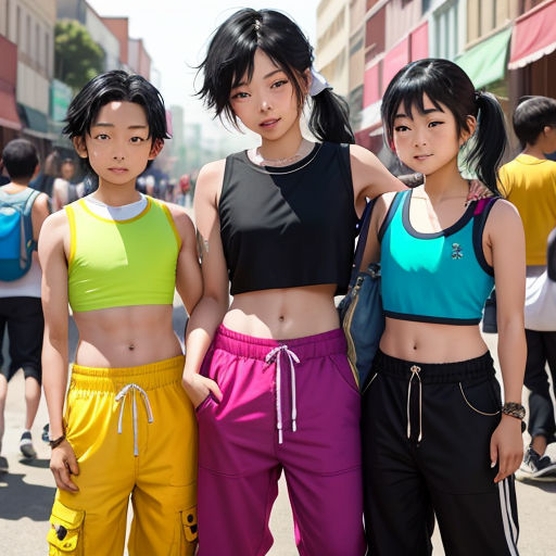 three young women standing next to each other in a street with people in the background and a person in the foreground