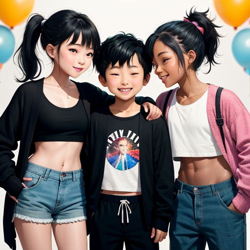 three young girls standing next to each other in front of balloons and balloons on a white background with a white backdrop