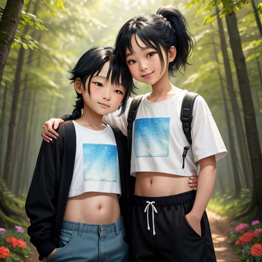 two asian girls standing next to each other in the woods with trees and flowers behind them, both wearing matching crop tops