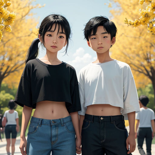 two asian women standing next to each other in front of trees with yellow leaves on them and a man in a white shirt