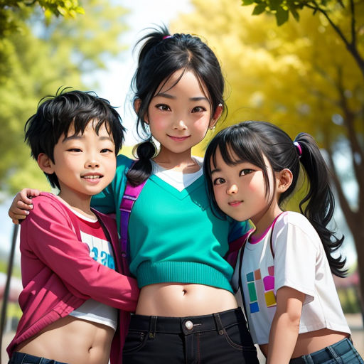 three asian children posing for a picture together in a park with trees in the background and a woman in a blue shirt