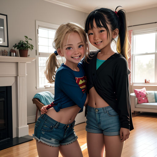 two young girls standing next to each other in a living room with a fireplace and a couch in the background